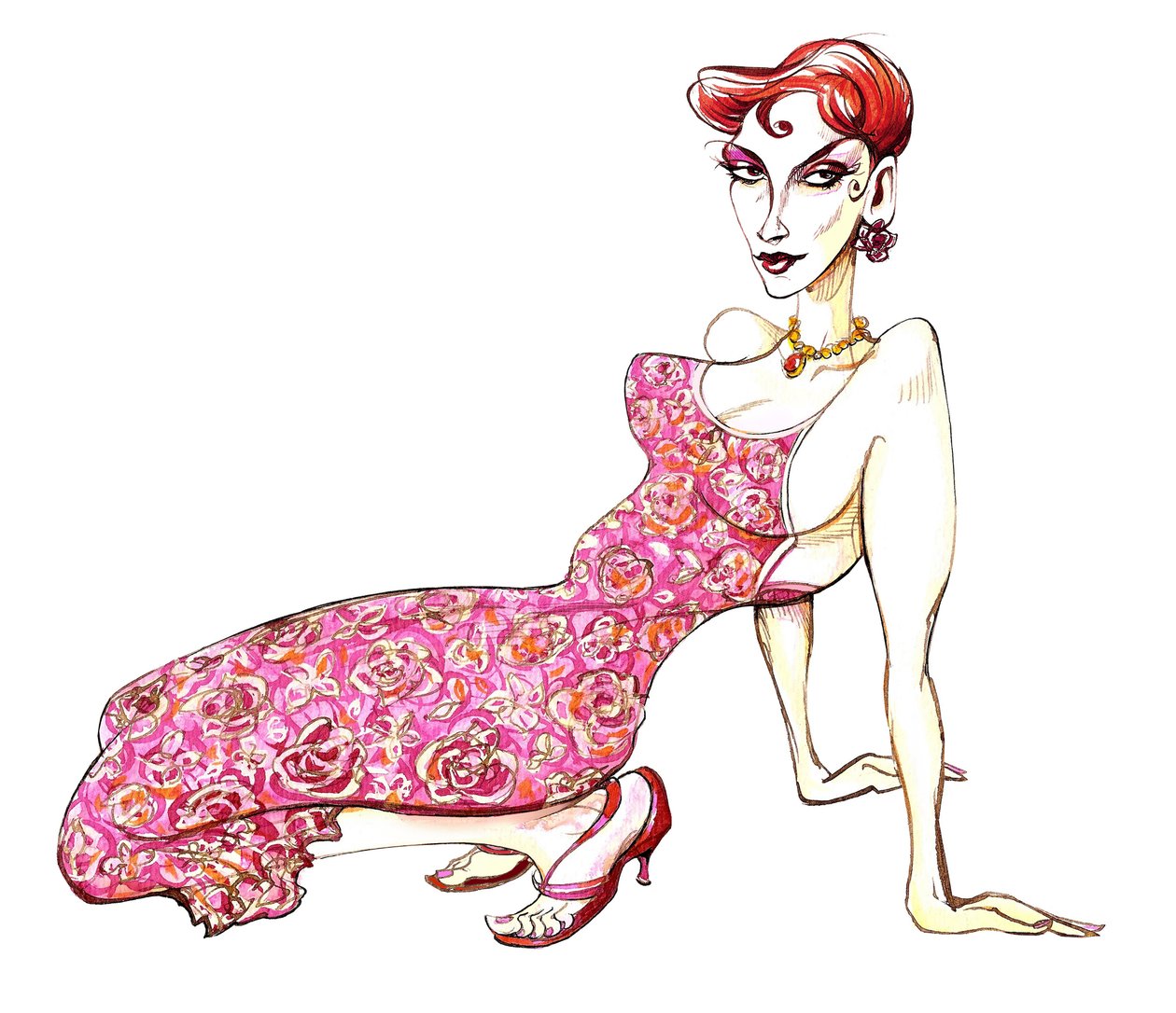 Model in een roze bloemenjurk door Neale Osborne