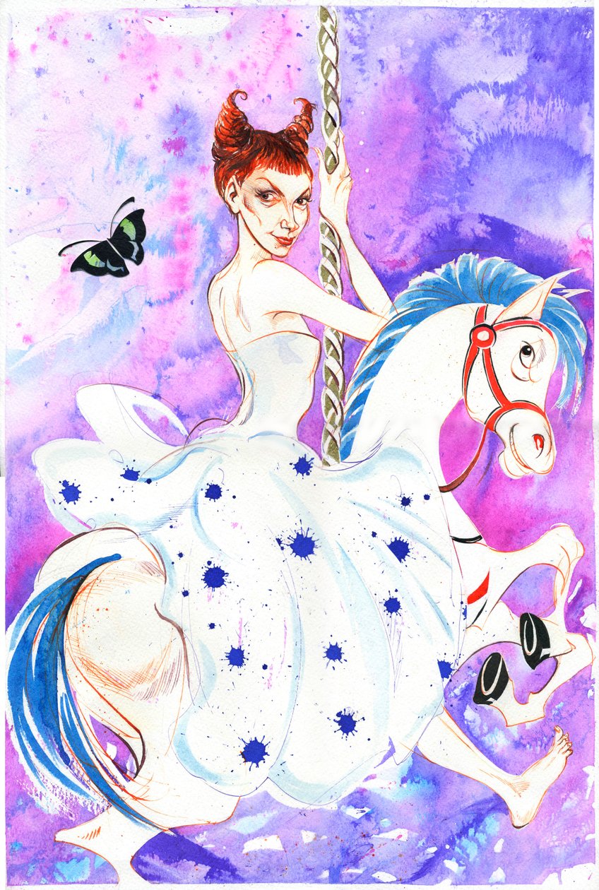 Patricia Petibon - karikatuur van de Franse operazangeres (sopraan) op een draaimolenpaard door Neale Osborne