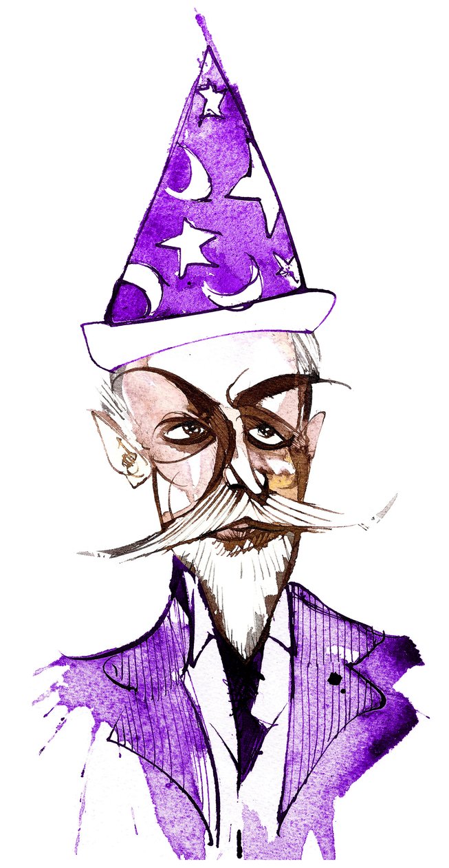 Paul Dukas, Franse componist (1865-1935); gekarikaturiseerd als een tovenaar door Neale Osborne