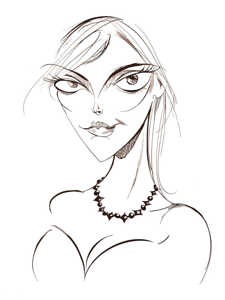 Sophie Dahl, Engelse auteur en model, sepia lijn karikatuur, 2008 door Neale Osborne