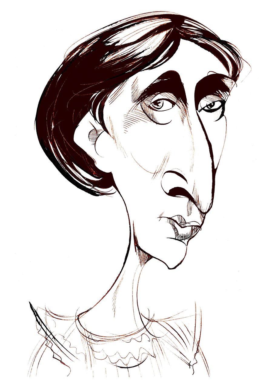 Virginia Woolf, Engelse romanschrijver, sepia inkt karikatuur door Neale Osborne