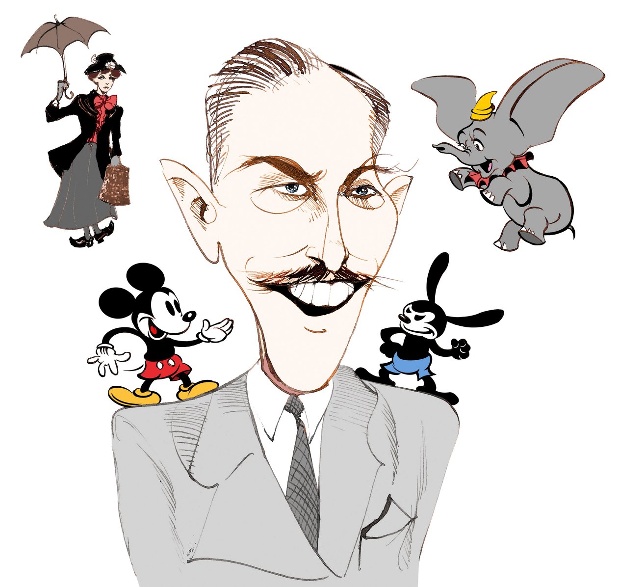 Walt Disney, Amerikaanse filmproducent, zakenmagnaat, cartoonist en animator; gekarikaturiseerd met Mary Poppins door Neale Osborne