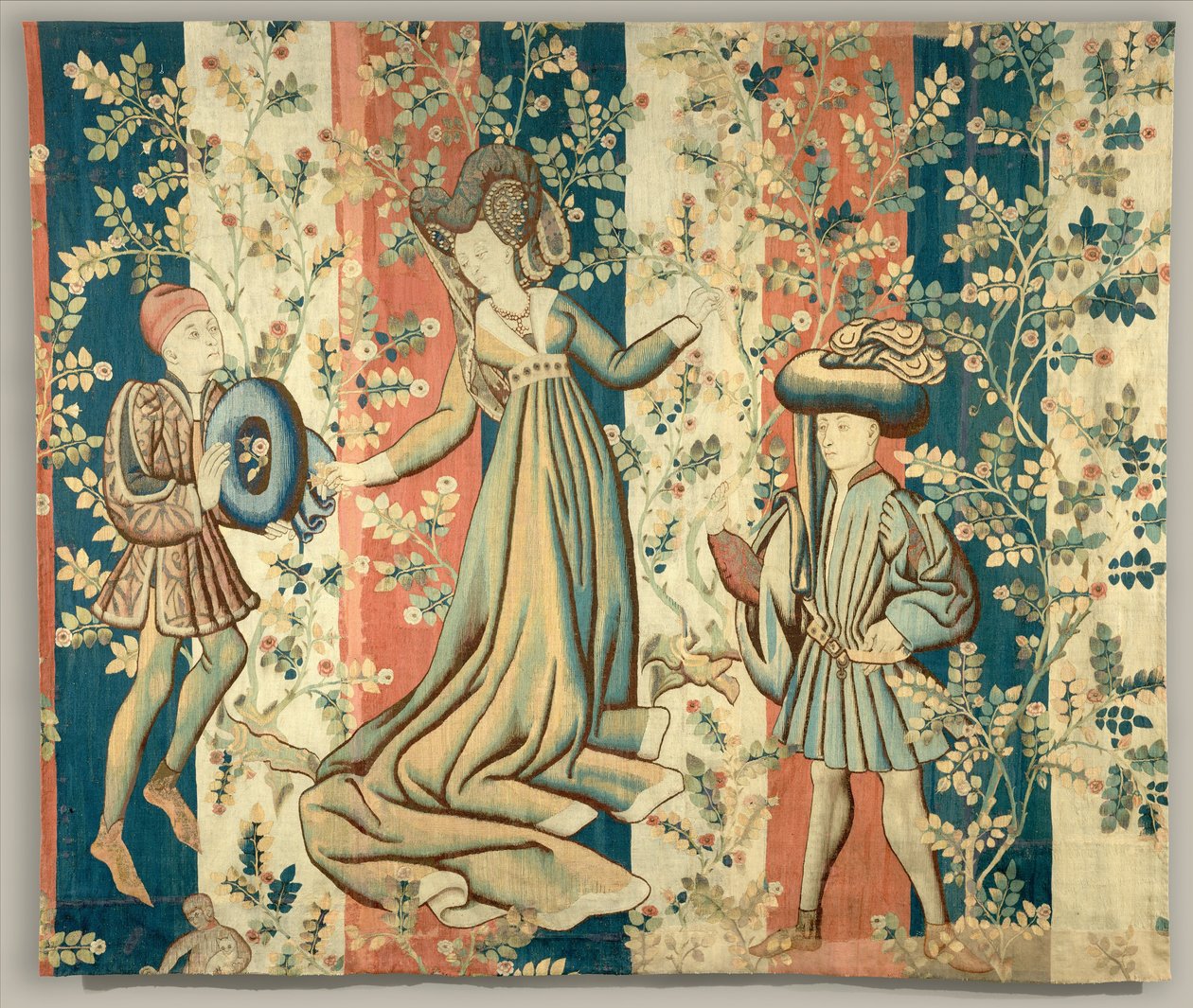 Hovelingen in een rozentuin: een dame en twee heren, ca. 1440-50 door Netherlandish School
