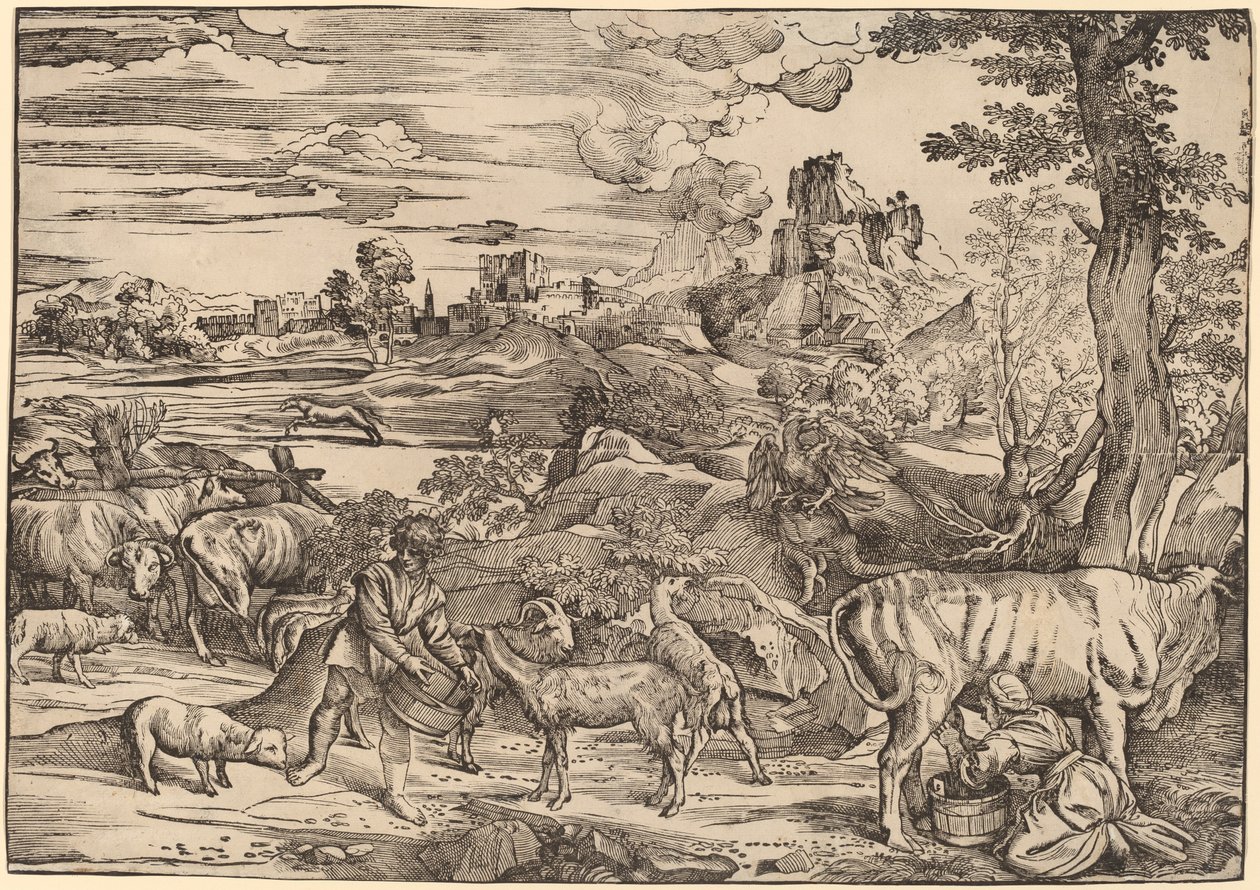 Landschap met een Melkmeisje door Niccolò Boldrini after Titian