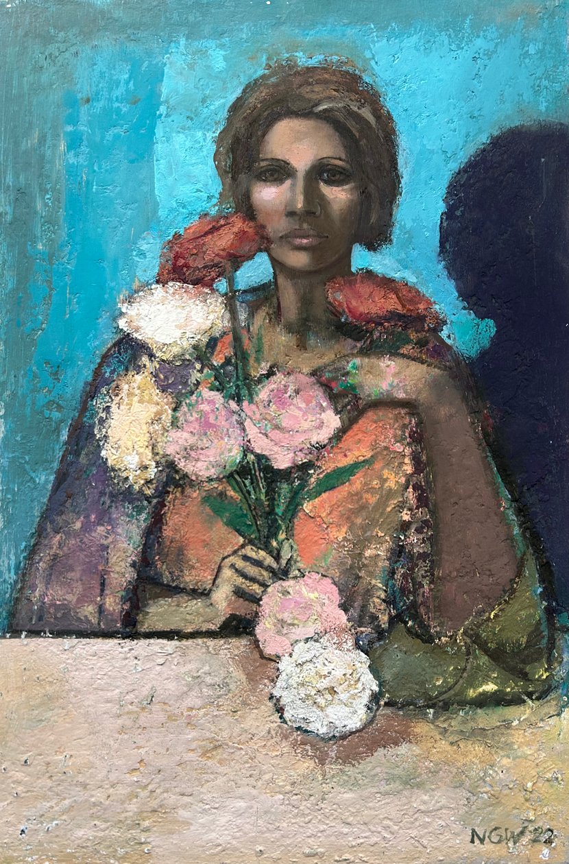 Bloemenmeisje, 2022-23 (olieverf op board) door Nick Williams