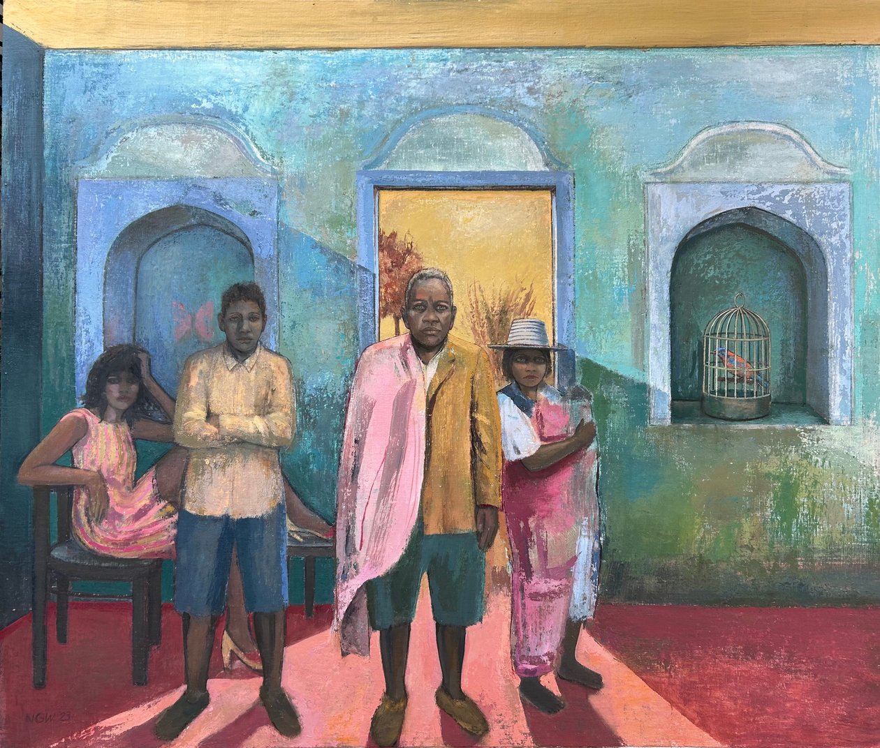 De gekooide vogel, 2019-23 (olieverf op board) door Nick Williams
