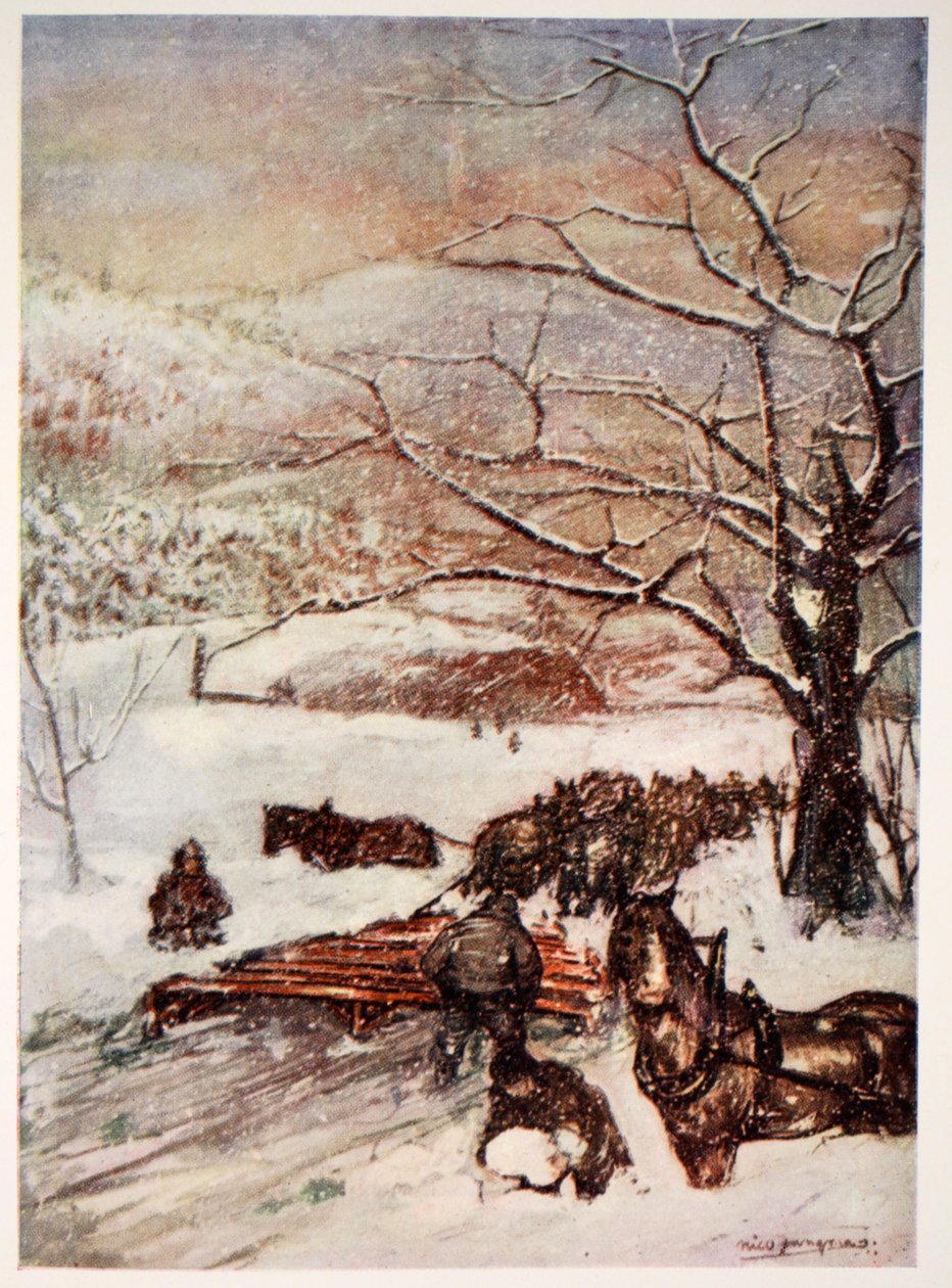 Sneeuwploeg getrokken door acht of tien paarden, 1905 door Nico Jungman