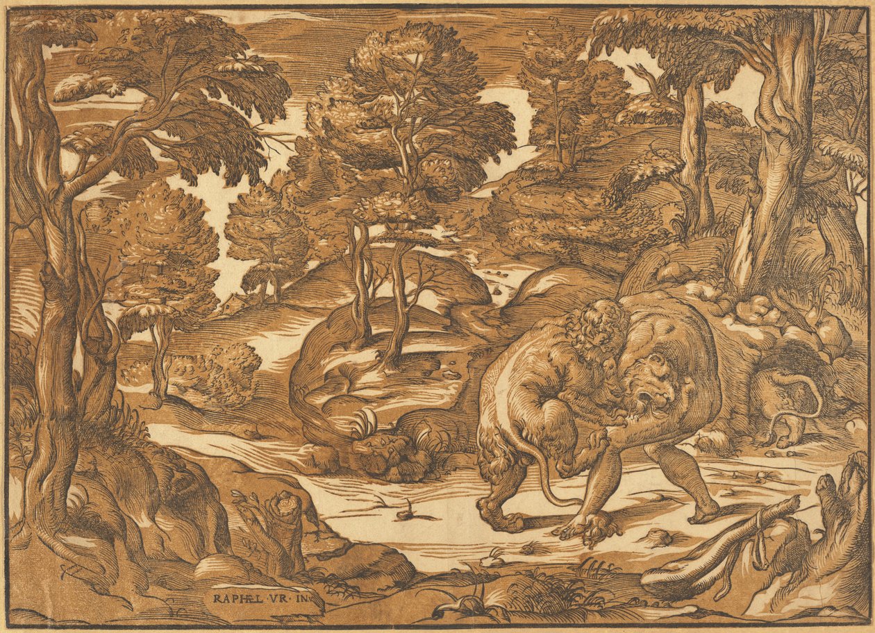 Hercules en de Nemeïsche leeuw door Nicolò Boldrini, after Raphael