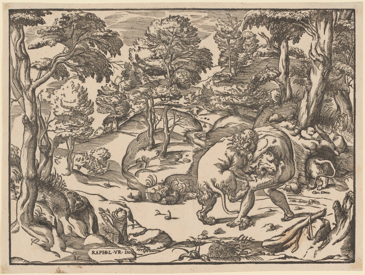 Hercules en de Nemeïsche leeuw door Nicolò Boldrini, after Raphael
