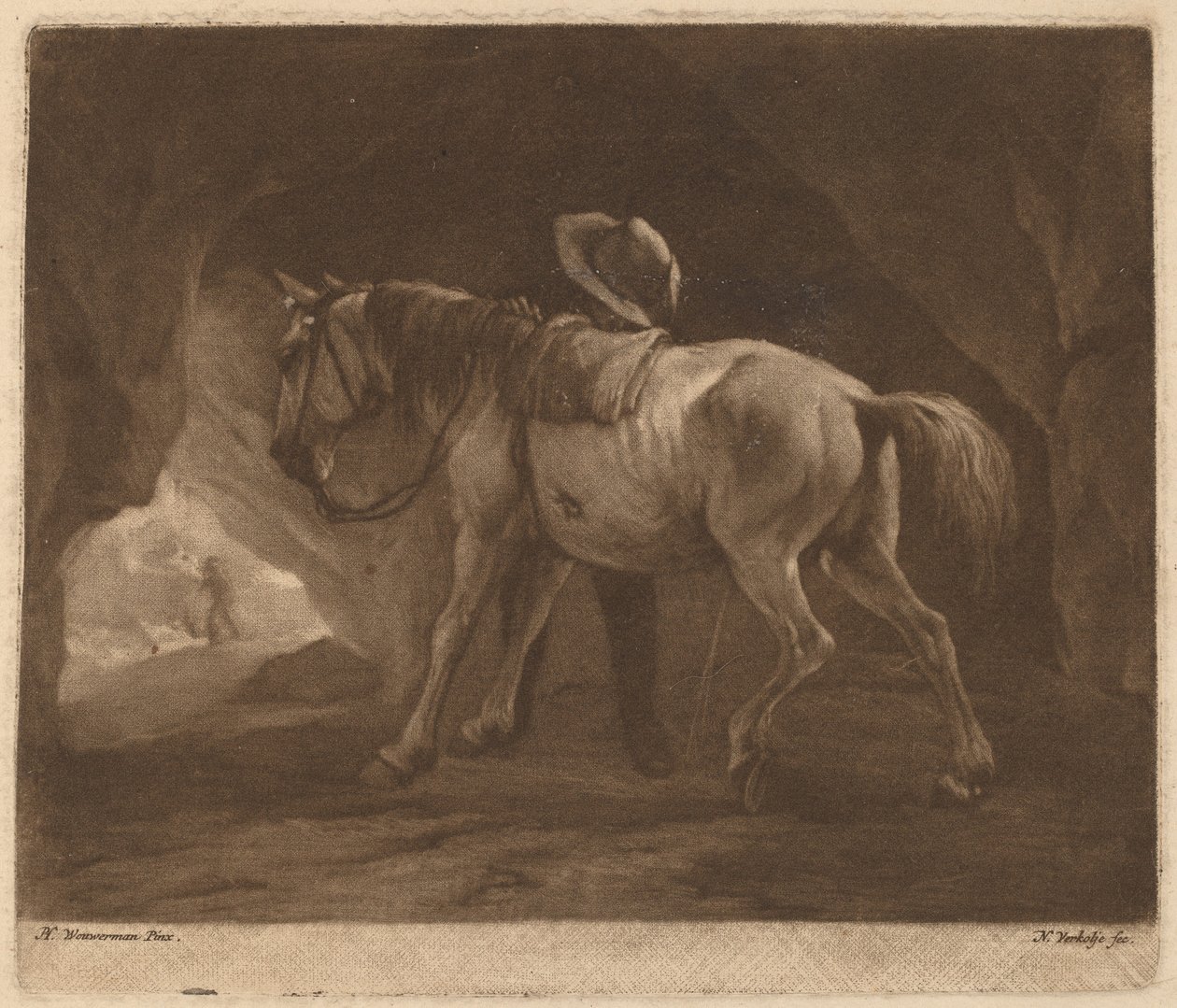 Het plassende paard door Nicolaas Verkolje after Philips Wouwerman