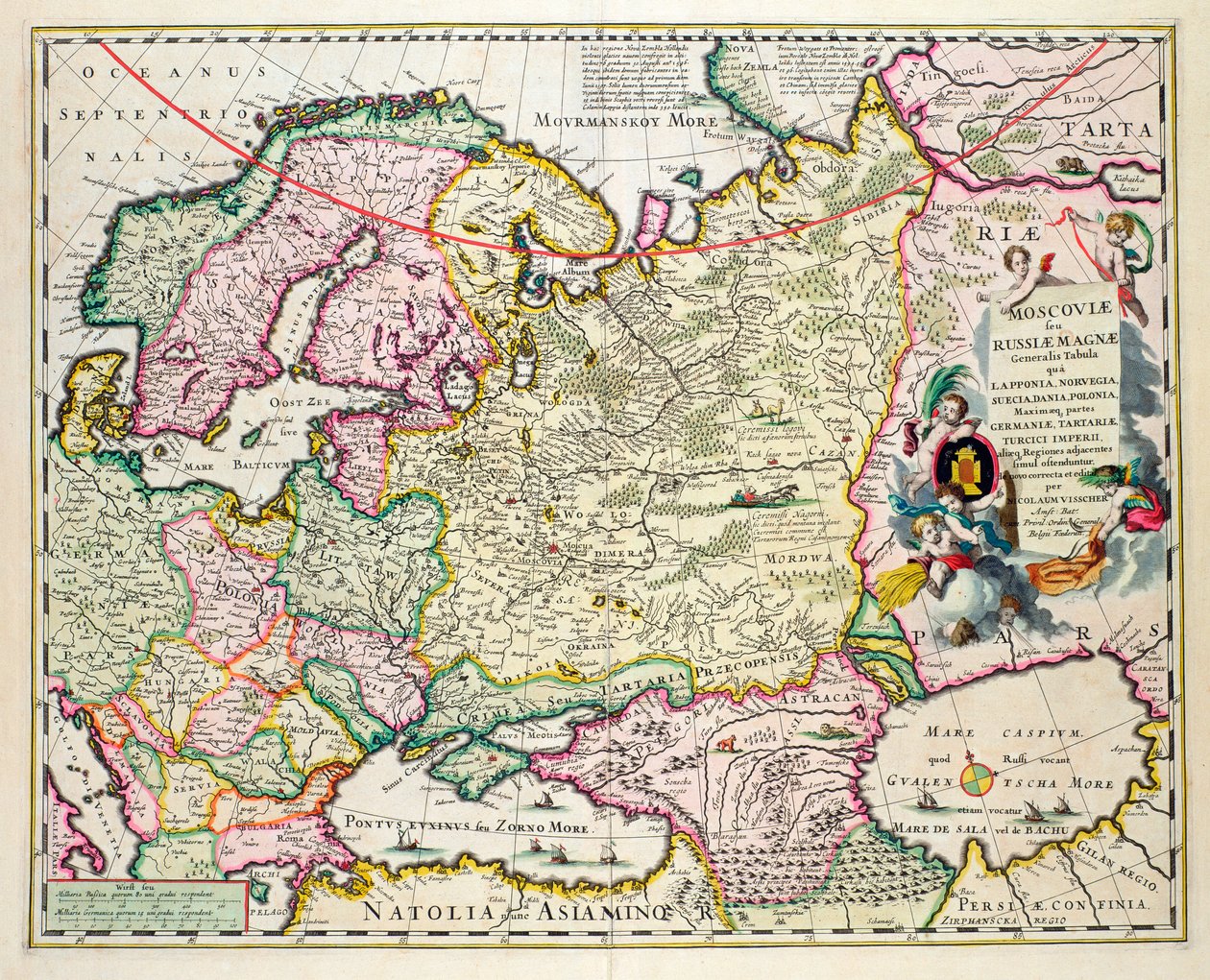 Kaart van Klein-Azië met Noorwegen, Zweden, Denemarken, Lapland, Polen, Turkije, Rusland en de regio Moskou, ca. 1626 door Nicolaes Jansz Visscher