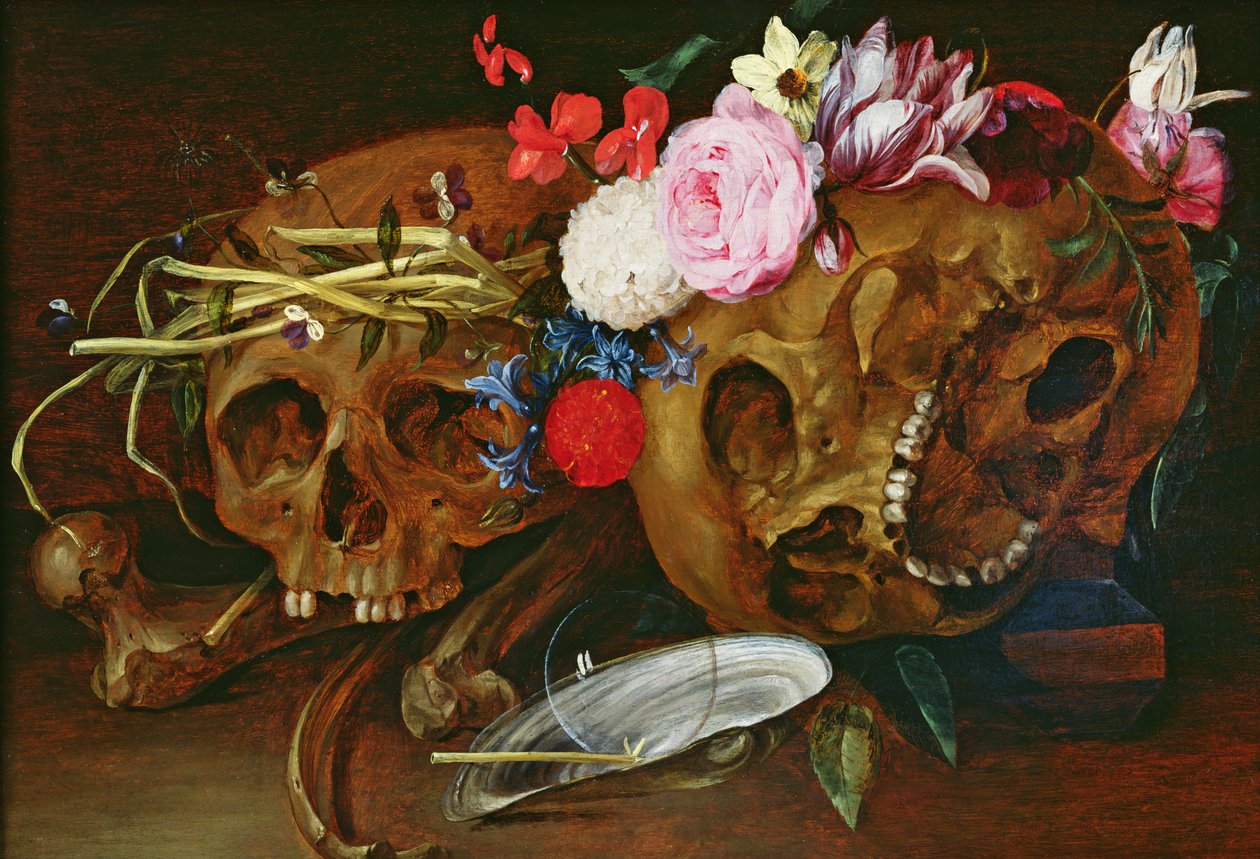 Vanitas stilleven met schedels, bloemen, een parelmoerschelp, een bel en stro door Nicolaes van Veerendael