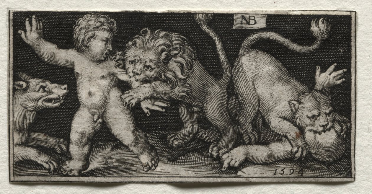 Leeuwen die kinderen aanvallen, 1594 door Nicolaes de Bruyn