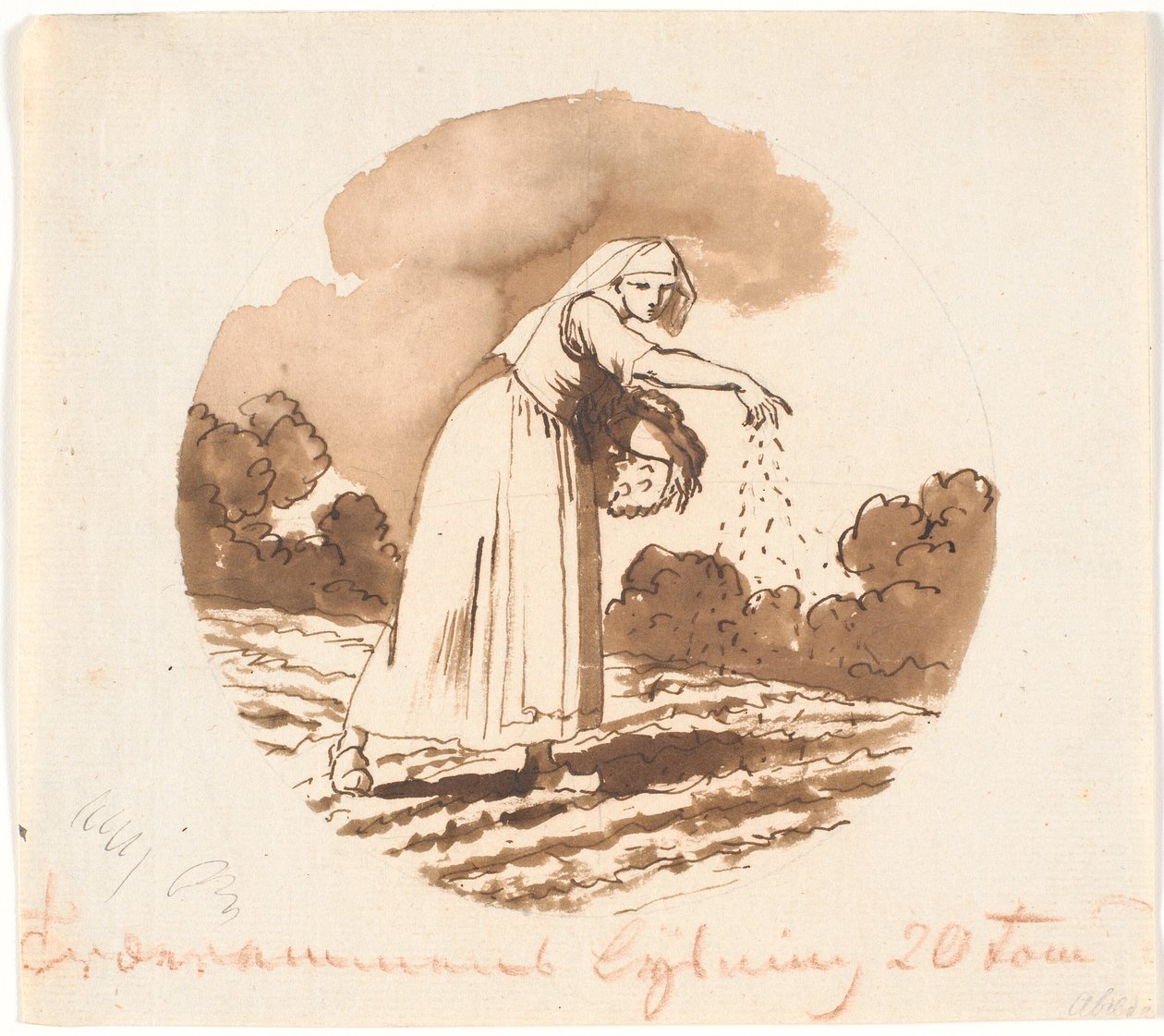 Vrouw die zaden strooit. Cirkelvormige compositie door Nicolai Abildgaard