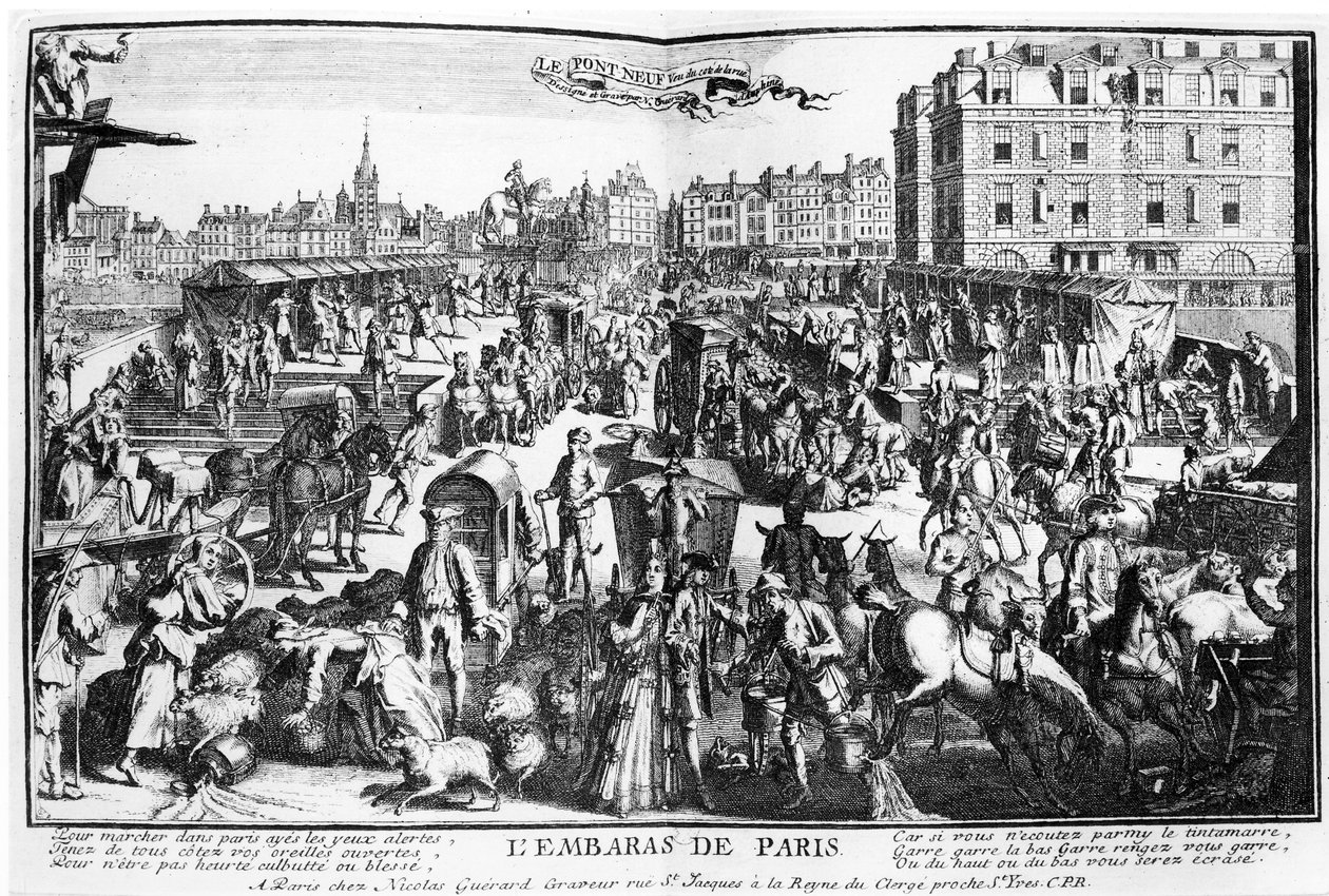 De congestie in Parijs, Pont Neuf vanaf de Rue Dauphine door Nicolas Guerard