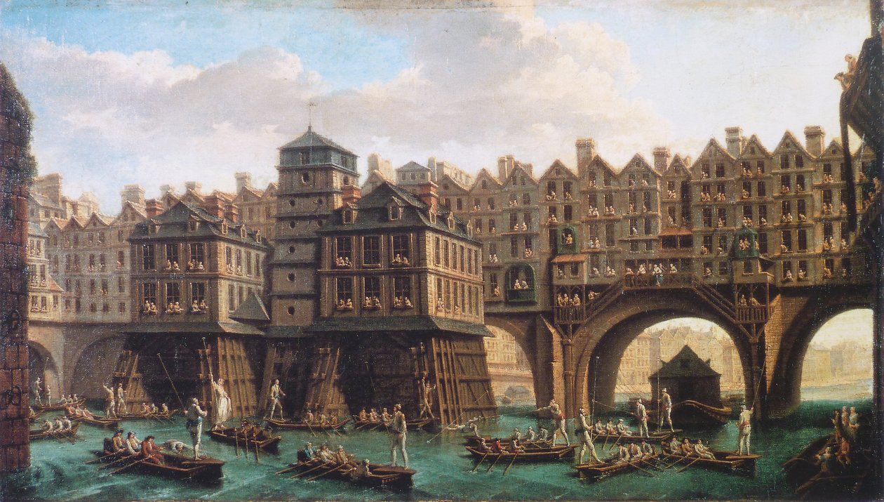 De wedstrijd van de schippers tussen de Pont-Notre-Dame en de Pont-au-Change door Nicolas Jean Baptiste Raguenet