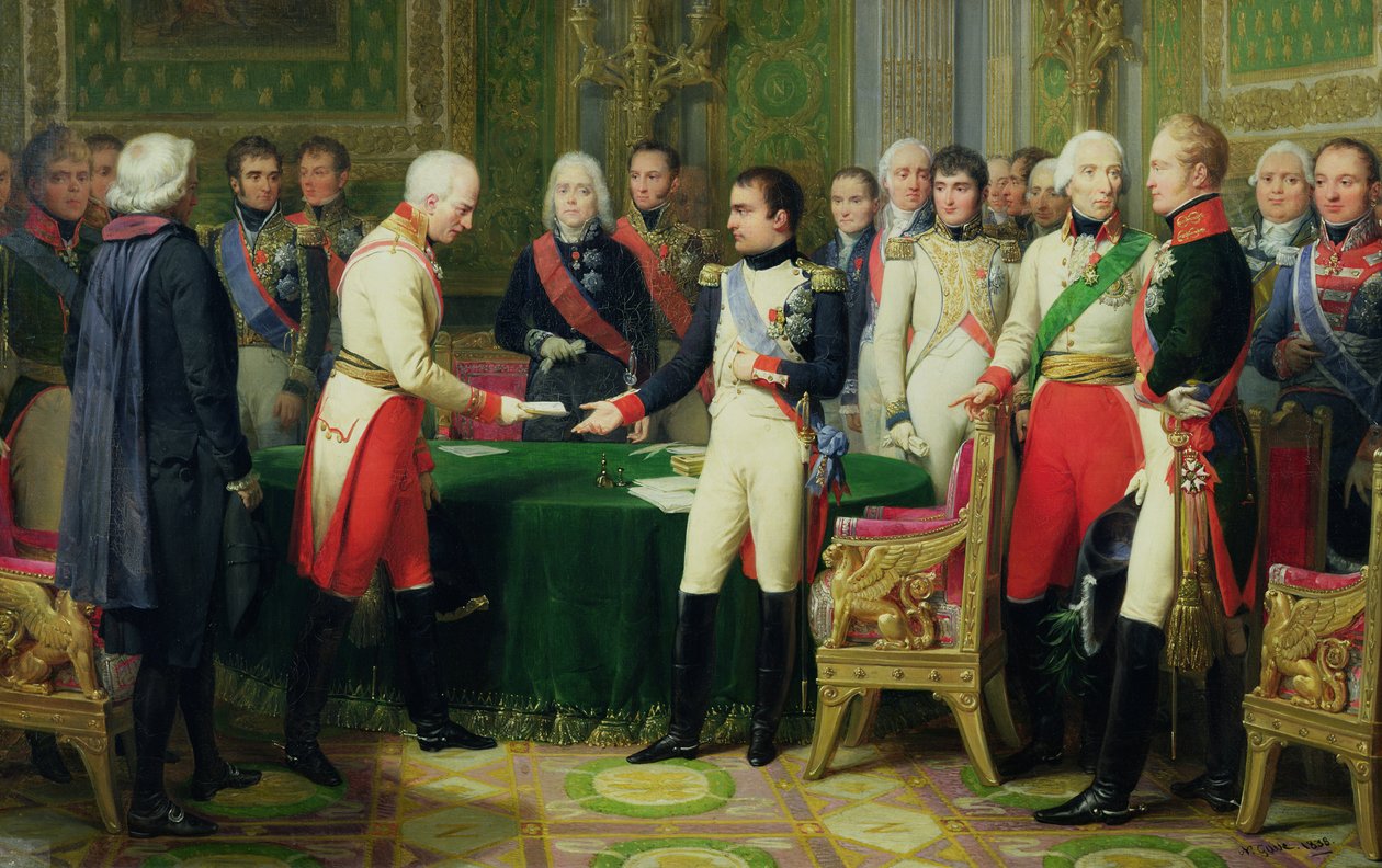 Napoleon I (1769-1821) ontvangt Baron Vincent, de Oostenrijkse ambassadeur, in Erfurt, 28 oktober 1808, 1838 door Nicolas Louis Francois Gosse
