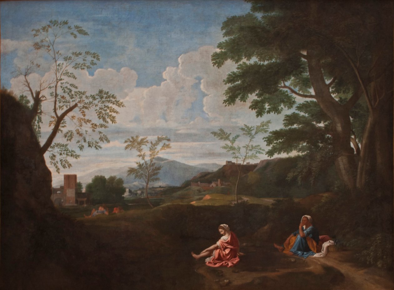 Landschap met een vrouw die de voeten wast door Nicolas Poussin