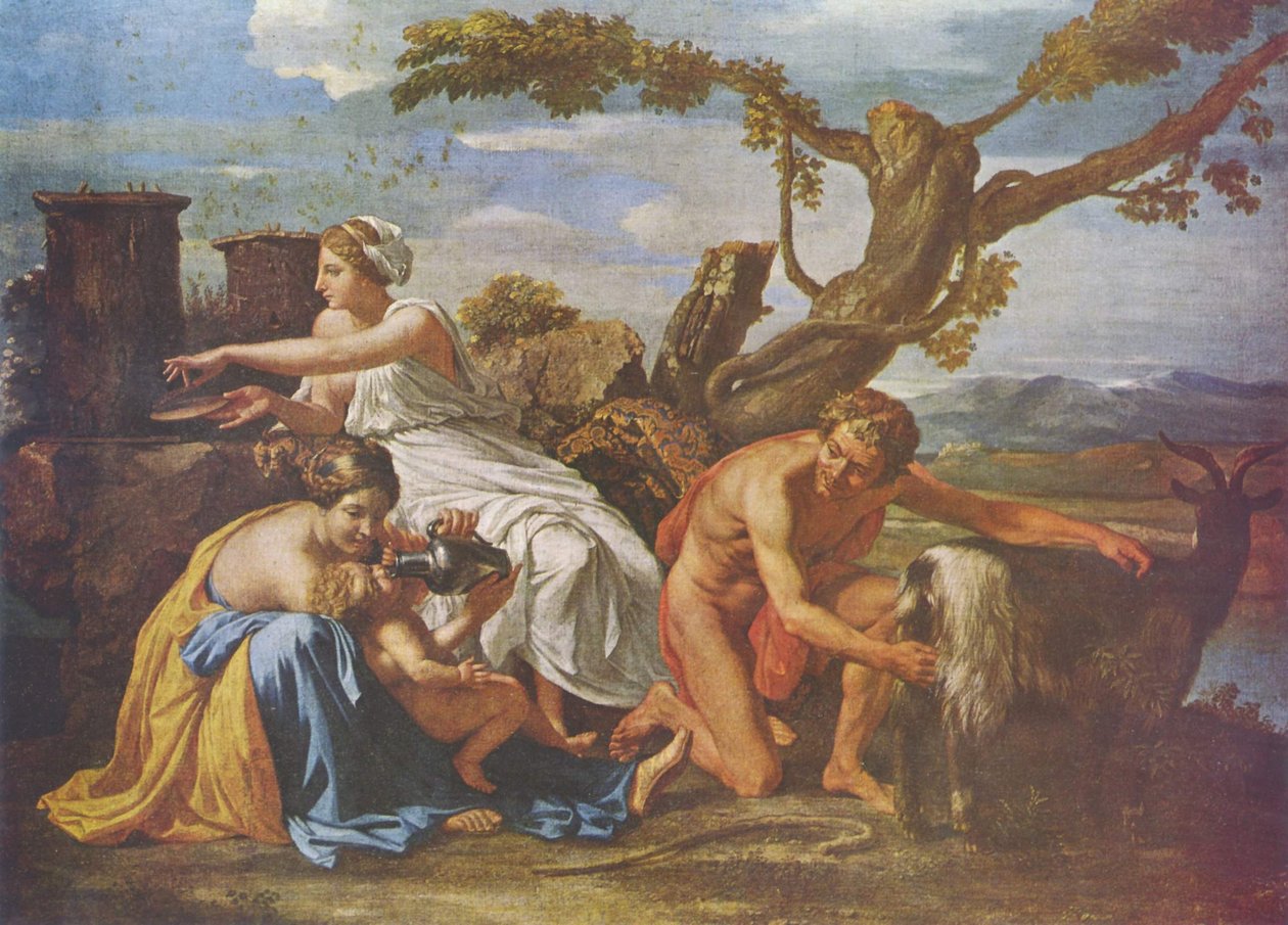 Jupiter als kind gevoed door de geit Amalthea door Nicolas Poussin