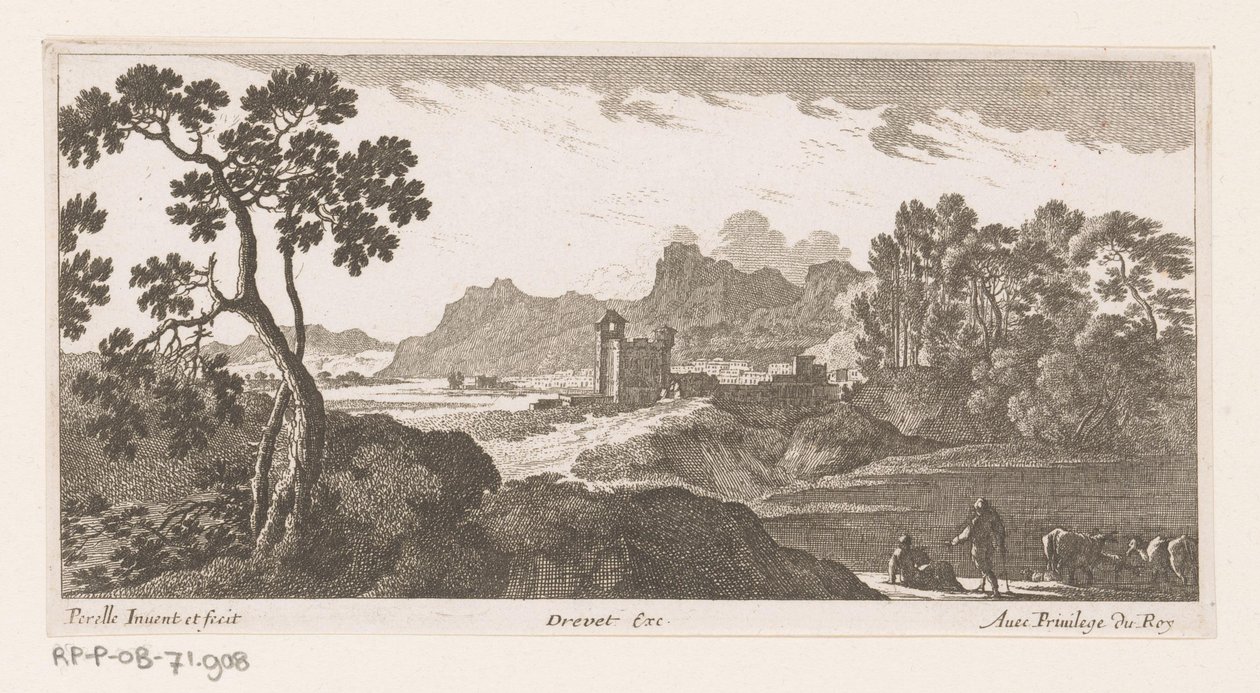 Landschap met herders bij drinkende koeien door Nicolas Perelle