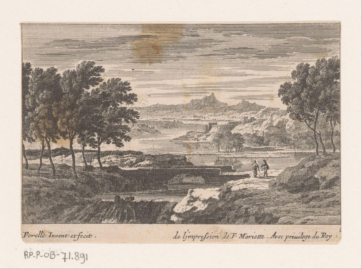 Landschap met wandelaars bij stenen brug door Nicolas Perelle