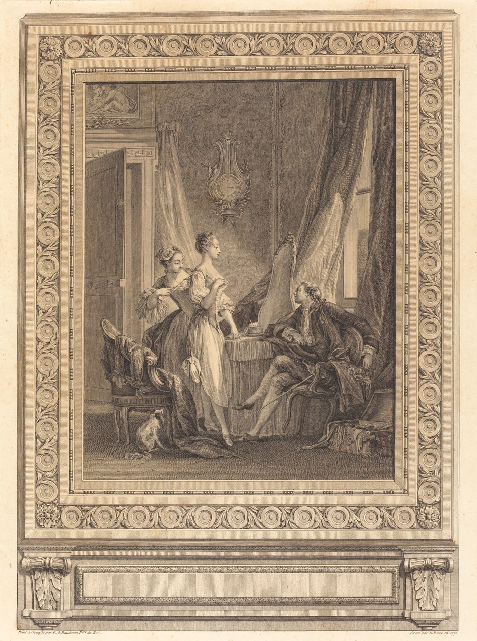 De toilet door Nicolas Ponce after Pierre Antoine Baudouin with border by Charles Nicolas Cochin II