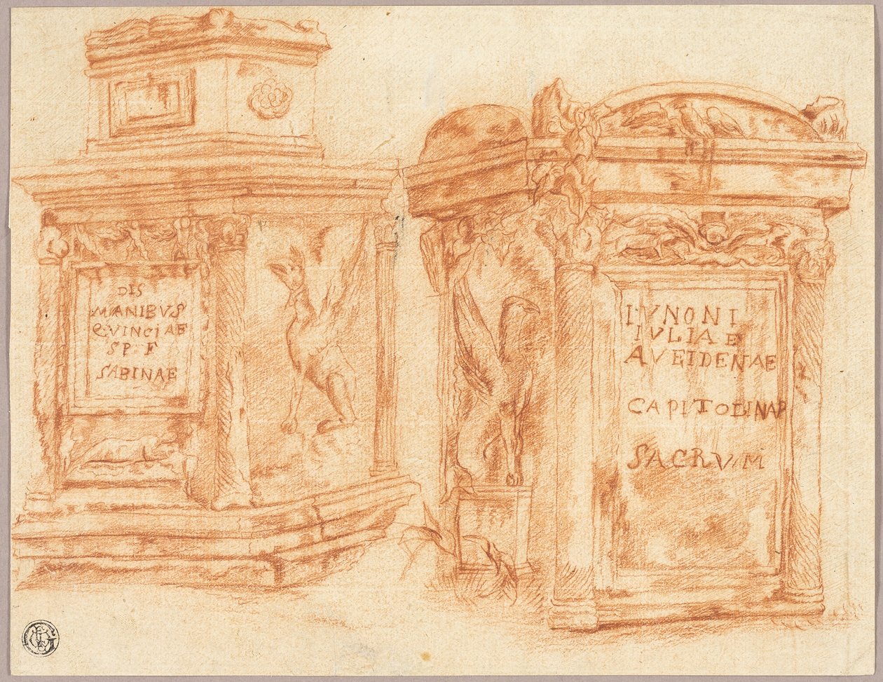 Schetsen van ingegraveerde bodems van Romeinse zuilen door Nicolas Poussin