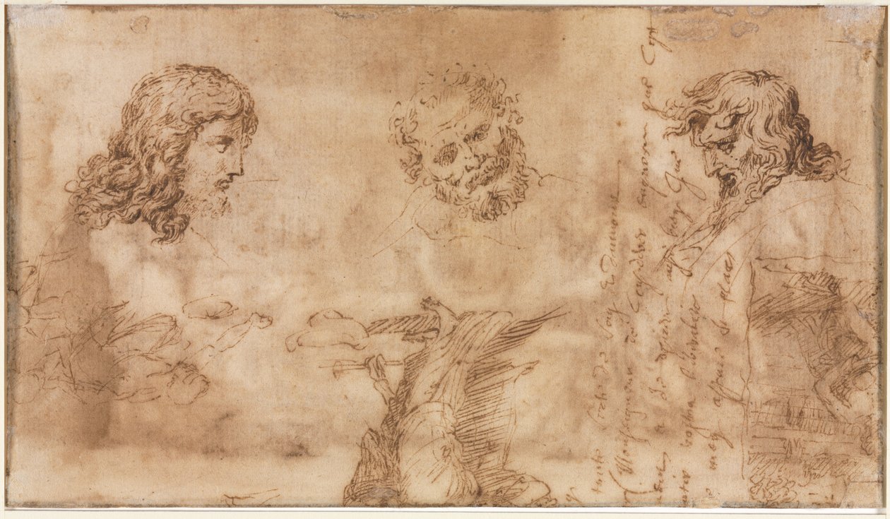 Drie hoofden en andere schetsen verso, 1643-1644 door Nicolas Poussin
