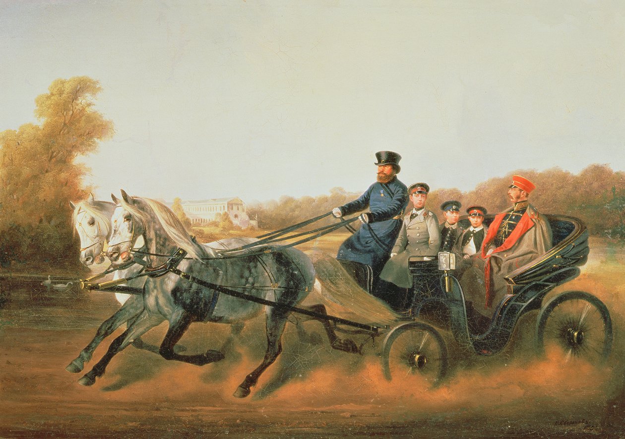 Tsaar Alexander II (1818-81) Rijdend met zijn Zonen in Zarskoje Selo, 1850s door Nikolai Egorevich Sverchkov