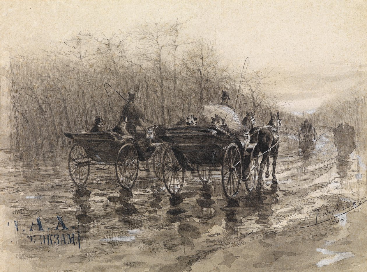 Twee Koetsen op de Weg in de Lente door Nikolai Vasilevich Pirogov