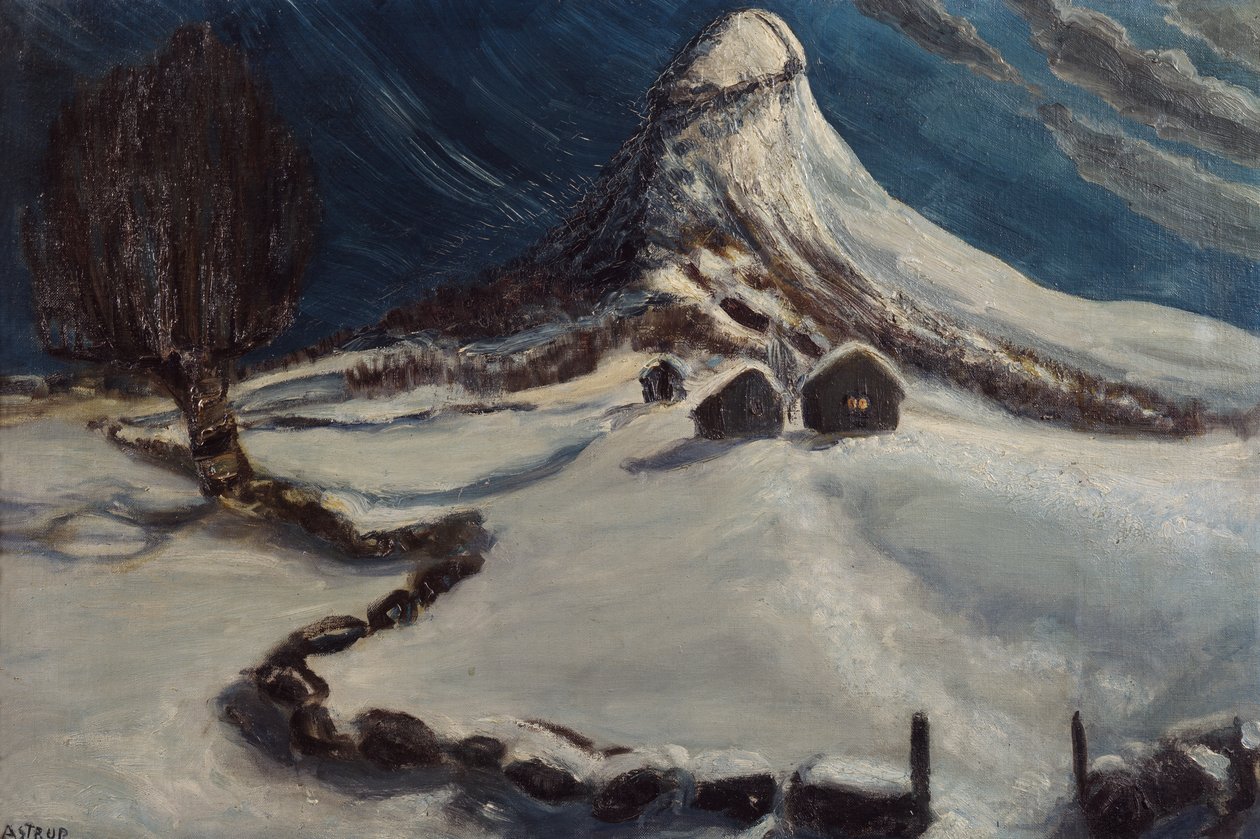 Winternacht bij fjellstølen door Nikolai Astrup