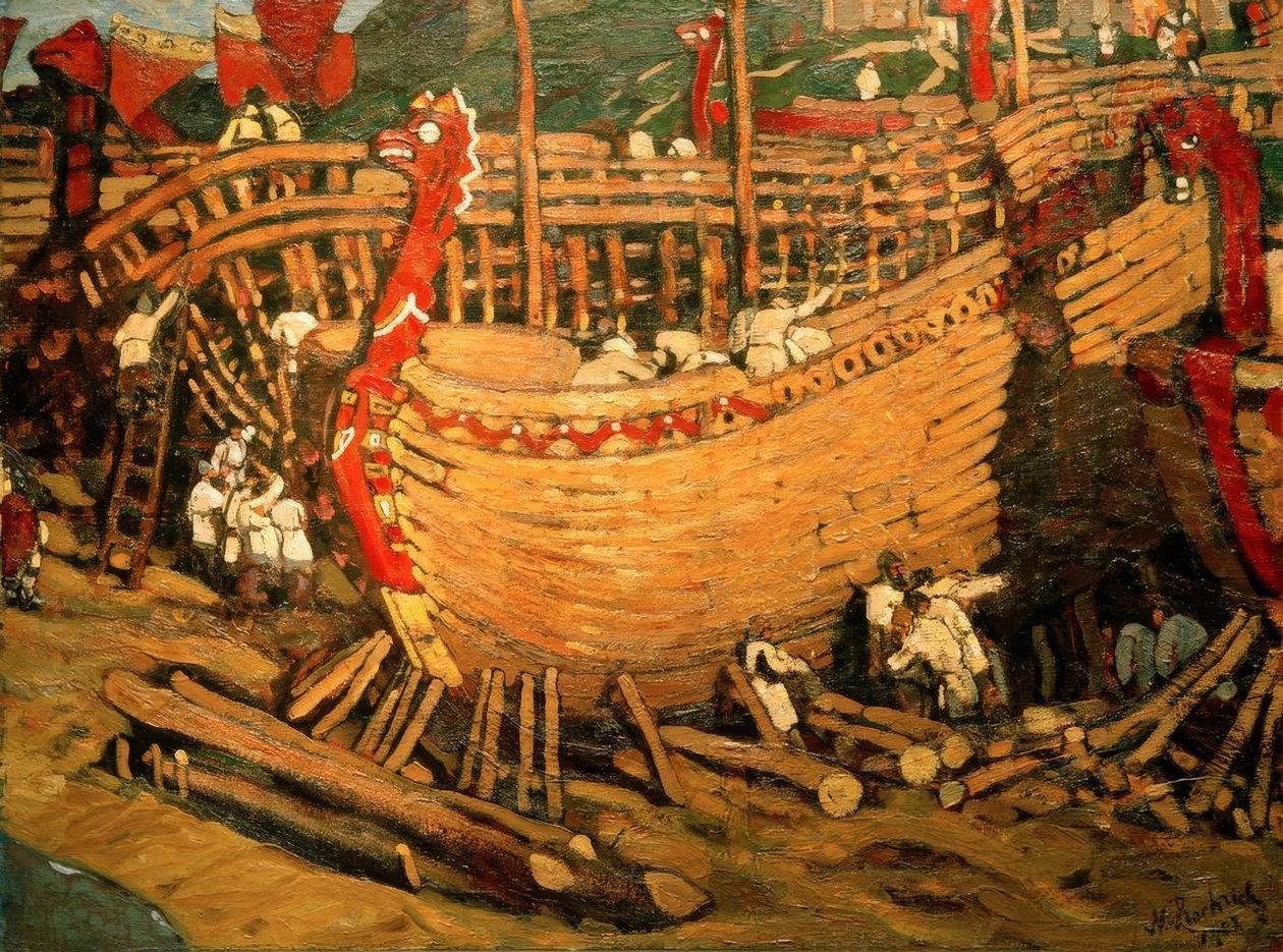 Scheepsbouw door Nikolai Konstantinowitsch Roerich