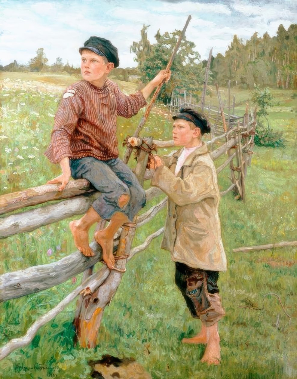 Jongens in een landschap door Nikolai P. Bogdanow Bjelski