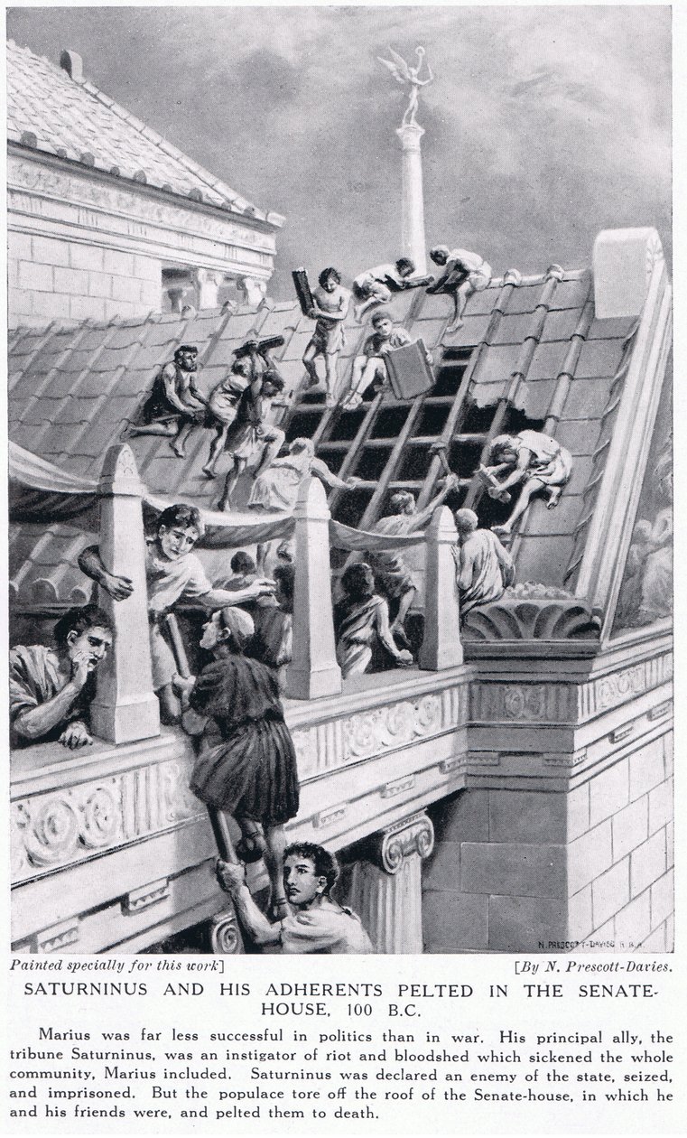 Saturninus en zijn aanhangers bekogeld in het Senaatshuis 100 v.Chr. door Norman Prescott Davies