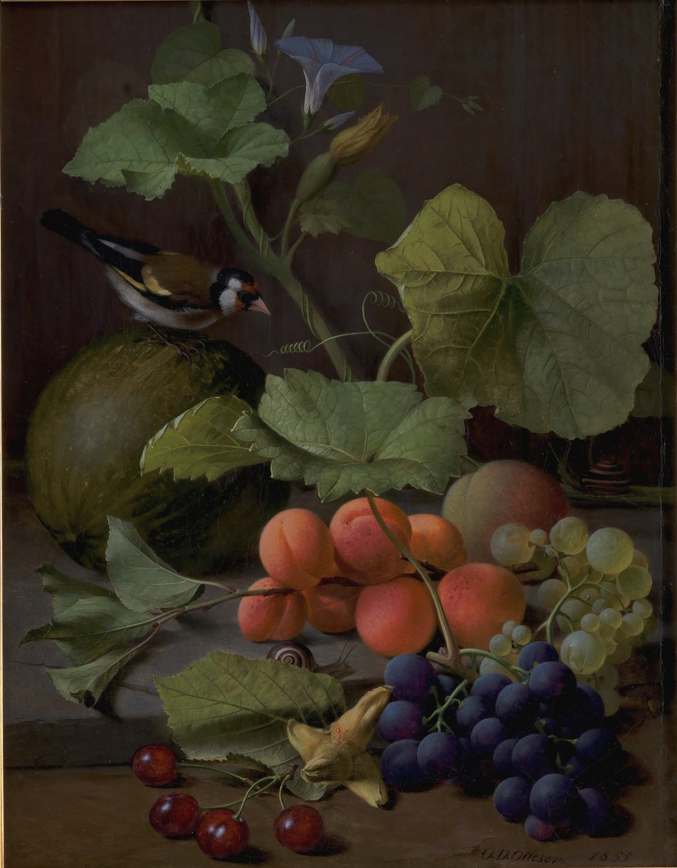 Stilleven met fruit en een distelvink door O.D. Ottesen