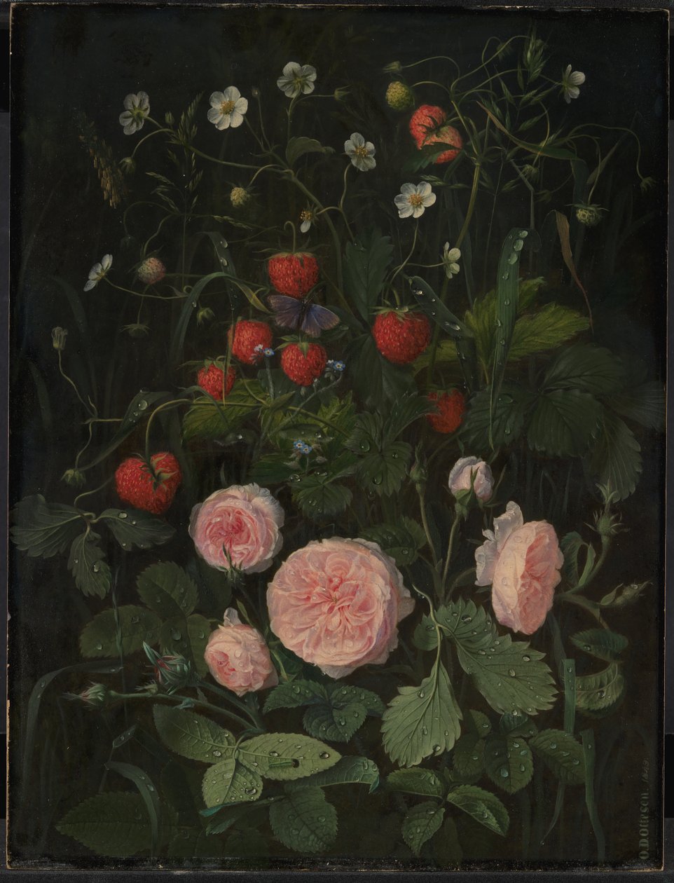 Stilleven met rozen en aardbeien door O.D. Ottesen