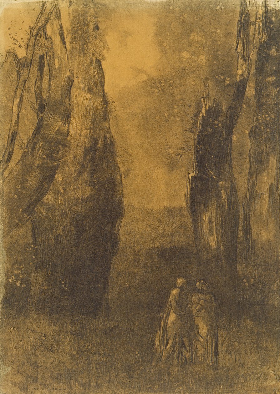 Liefhebbers in een rotsachtig landschap door Odilon Redon