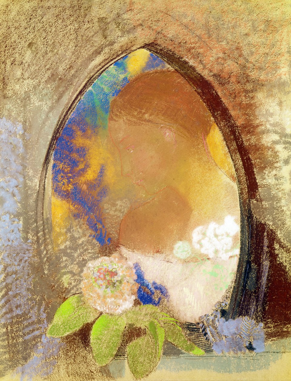 Portret met bloemen door Odilon Redon