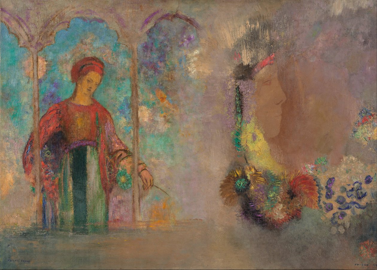 Vrouw in een gotische arcade - vrouw met bloemen door Odilon Redon