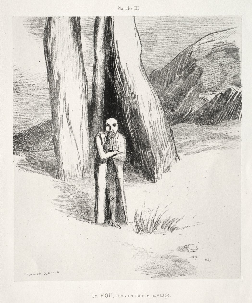 Een Gek in een Somber Landschap door Odilon Redon