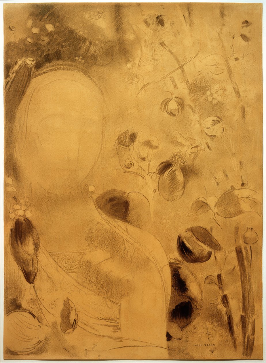 De droom, bloemen en gezicht door Odilon Redon