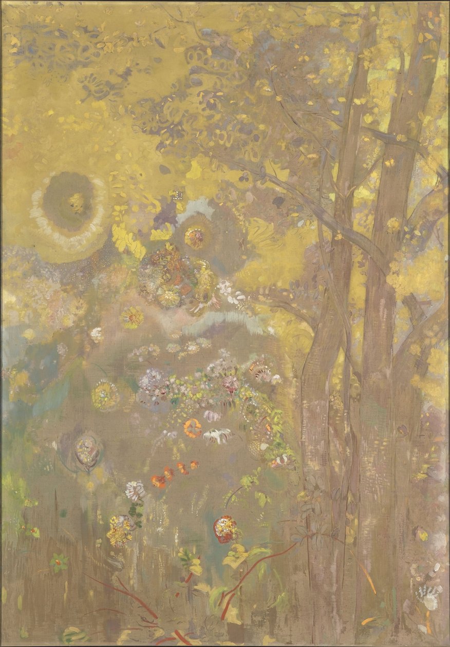 Bomen op een gele achtergrond, 1901 door Odilon Redon