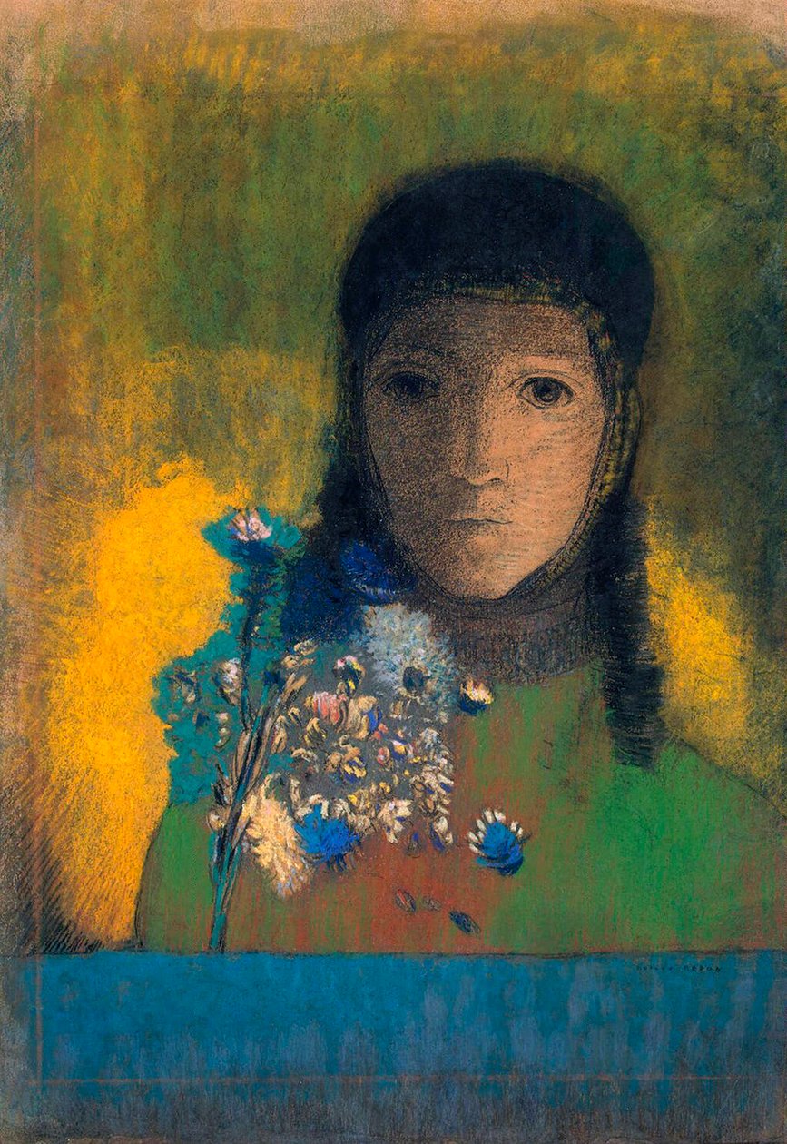 Vrouw met Wilde Bloemen, ca. 1900 door Odilon Redon