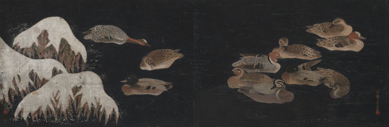 Eenden op een winterse vijver door Ogawa Haritsu