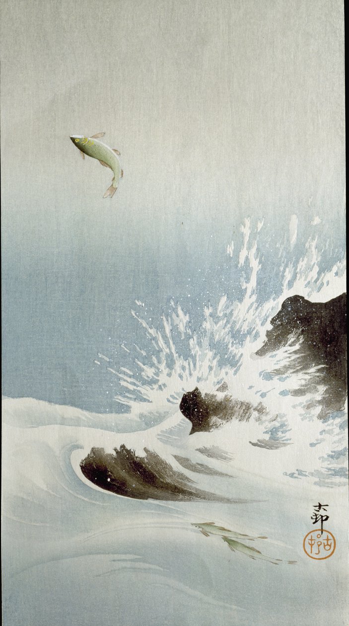 Een vis die uit het water springt, 1907 door Ohara Koson