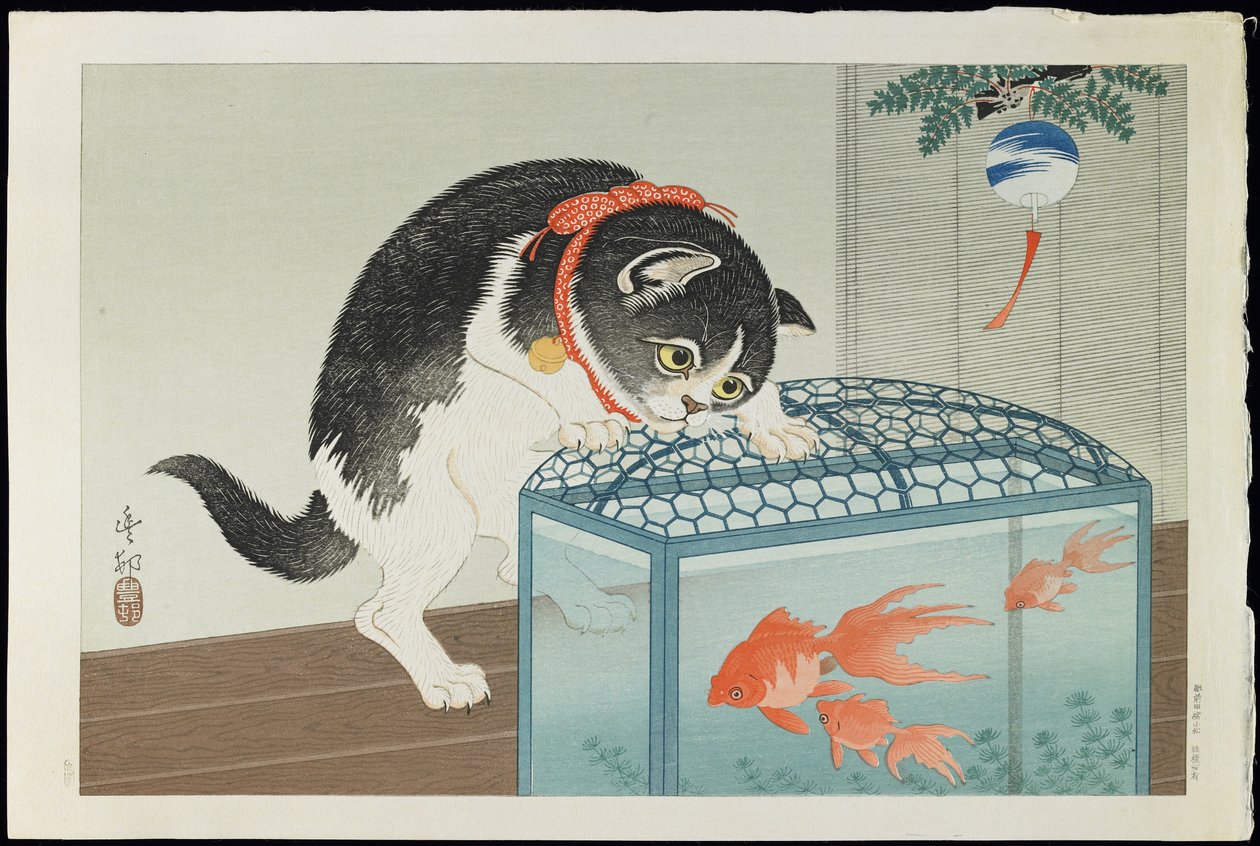 Kat en goudvis, 1930s door Ohara Koson
