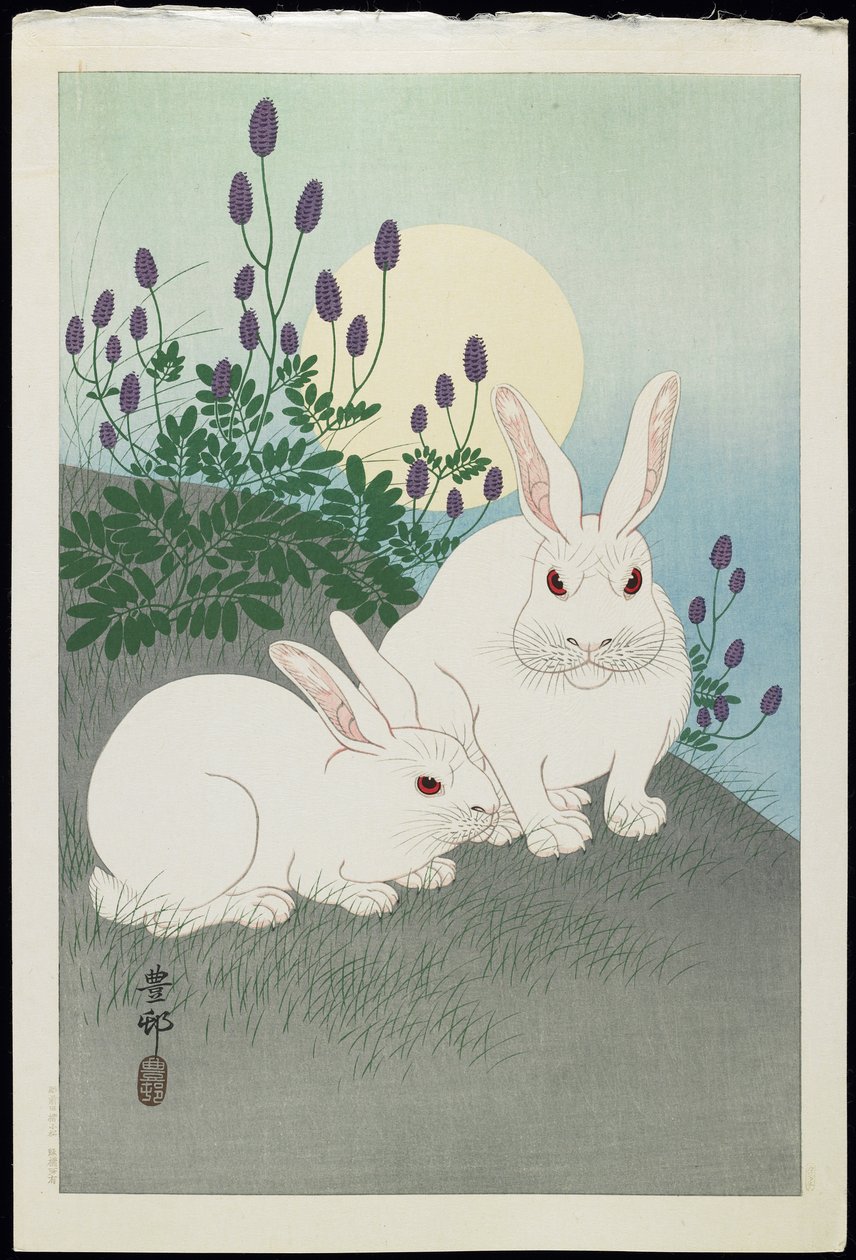Twee witte konijnen onder een volle maan, 1930s door Ohara Koson