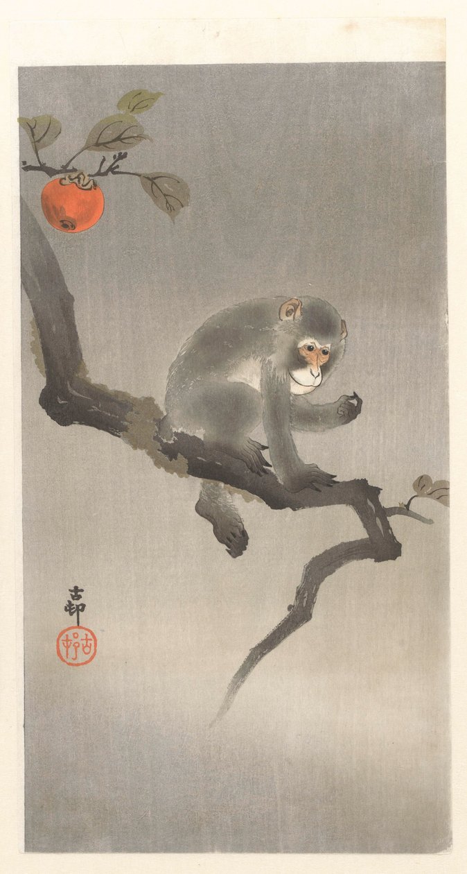 Aap in kakiboom door Ohara Koson
