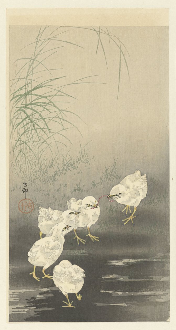 Kuikens en worm door Ohara Koson