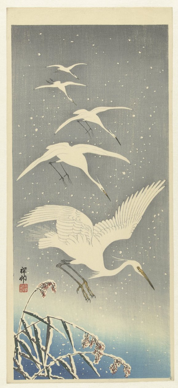 Dalende reigers in de sneeuw door Ohara Koson